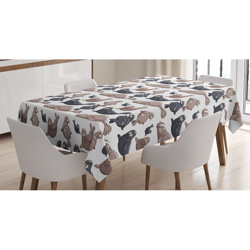 Ambesonne Sea Animals Tablecloth, Seals Illustration Sea Lion Exotic Tropical Comic Graphic Wild Ocean, Rectangular Table Cover For Dining Room Kitchen Decor, 52" X 70", Cadet Blue Mauve