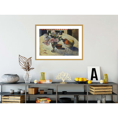 «Flowers and a Bol of Fruit on a Table» par Paul Gauguin - Reproduction giclée encadrée