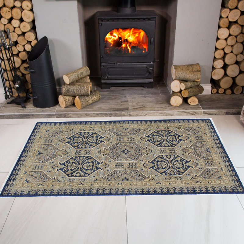 Tapis bleu / beige en laine noué à la main 3 pi x 5 pi 10 po Baccio