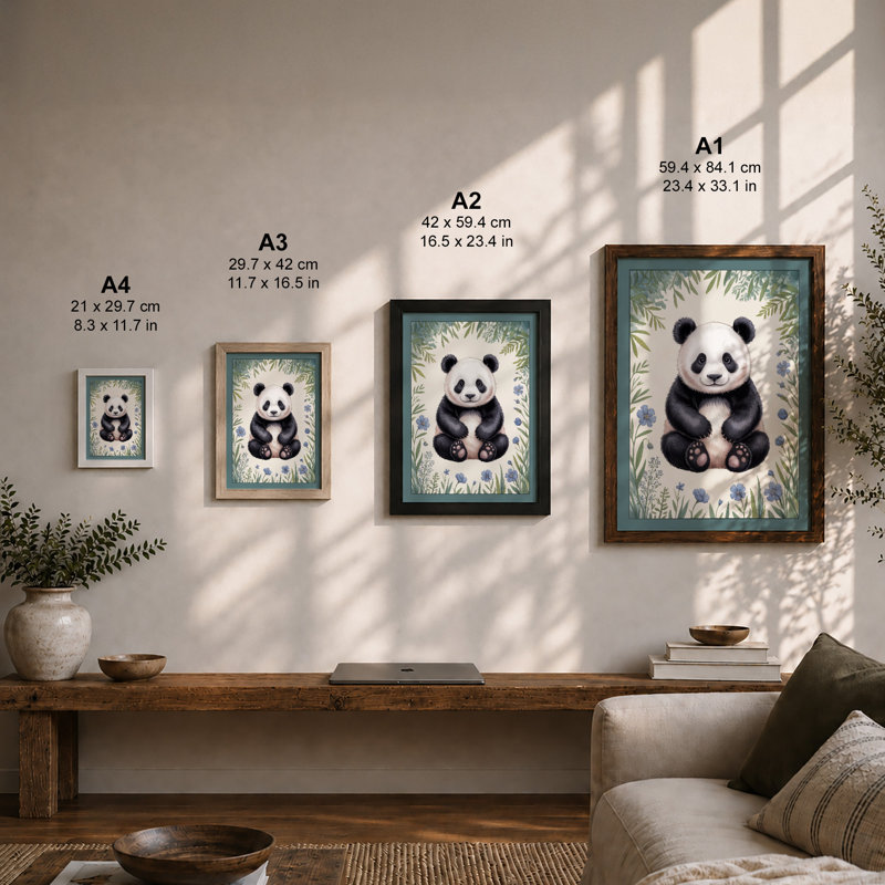 Young Panda Among Flowers Botanical - Print, A2 - 59.4 x 42.0 cm, Oak