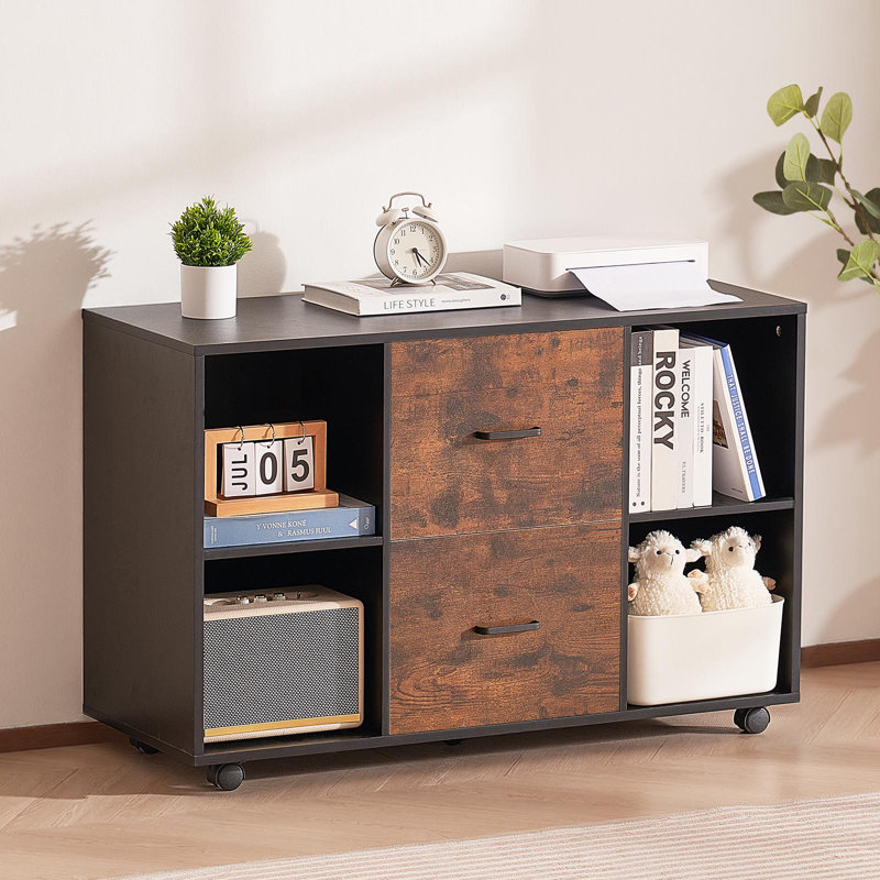 2 Drawer Wooden File Cabinet, Mobile Filing Cabinet with Open Shelves, Lateral Rolling File Storage with Lockable Wheels, Modern Free Standing Printer Stand for Home, Office, School, Black