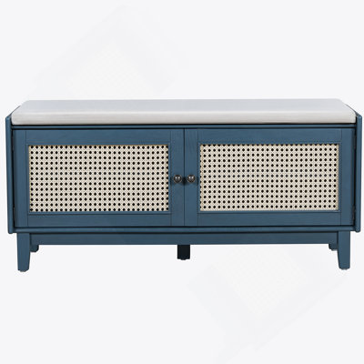 Rattan Entryway Bench With Storage, Cushioned Shoe Bench With Double Doors, Wooden Shoe Organizer Bench For Entryway And Hallway (Antique Navy+Beige )