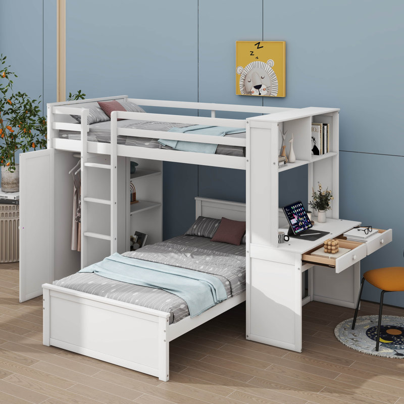Lit superposé en forme de L avec bureau, bibliothèque et armoire Hasel, Espresso, Simple sur simple