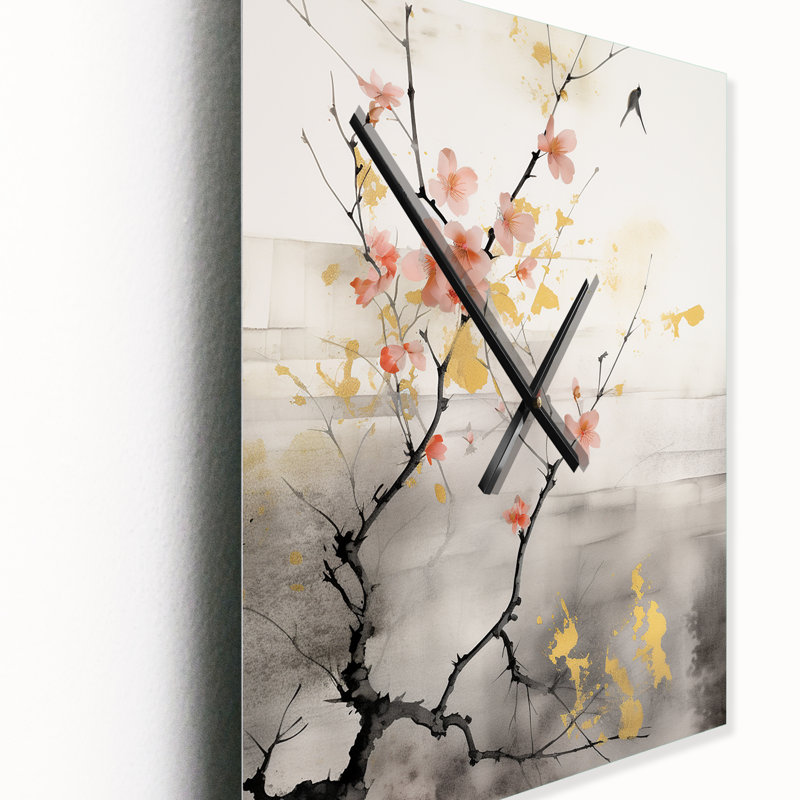 Asian Art Sumi Blossom I - Horloge murale asiatique moderne, H 40 po x l 30 po x P 1 po