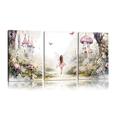 3 Pcs Framed Fairy Garden Canvas Wall Art Flower Fairy Posters Prints Mushroom Castle Painting Pictures Enchanted Forest Wall Decor For Living Room Bedroom Girls Room Nursery Decoration