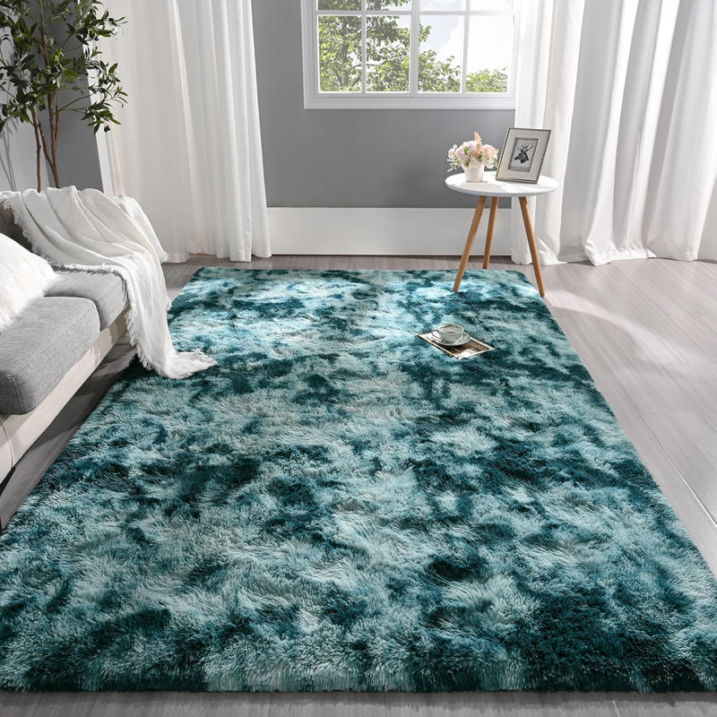 Tapis à poil long Antonije Tie Dye, Rectangle 2 pi 11 po x 5 pi 1 po, Bleu paon
