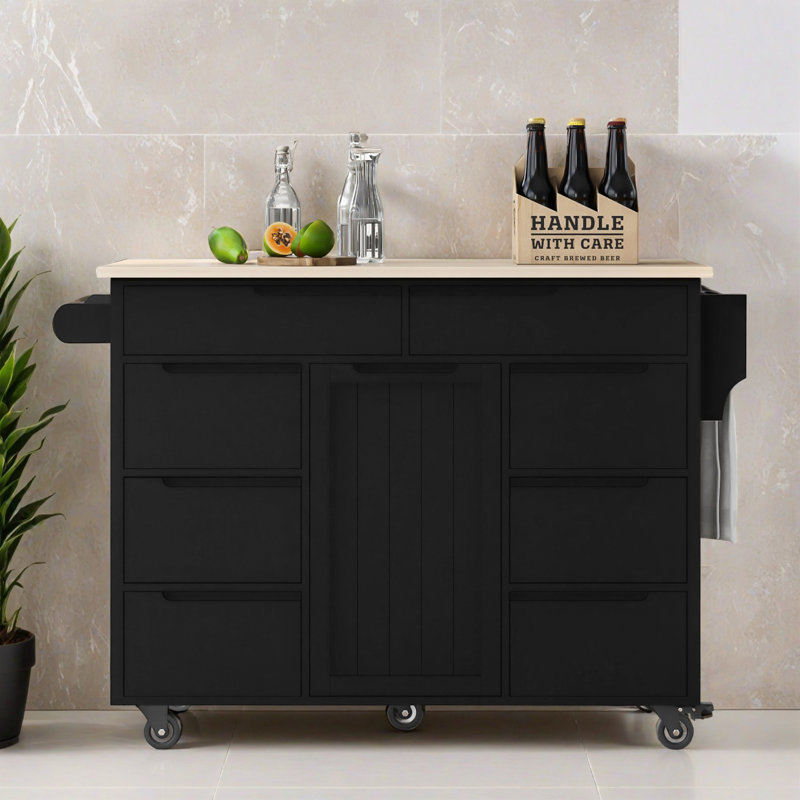 53.17" Rolling Mobile Kitchen Island with Solid Wood Top, Storage Cabinet and Drop Leaf Top, Spice Rack, Towel Rack for Kitchen, Dining Room