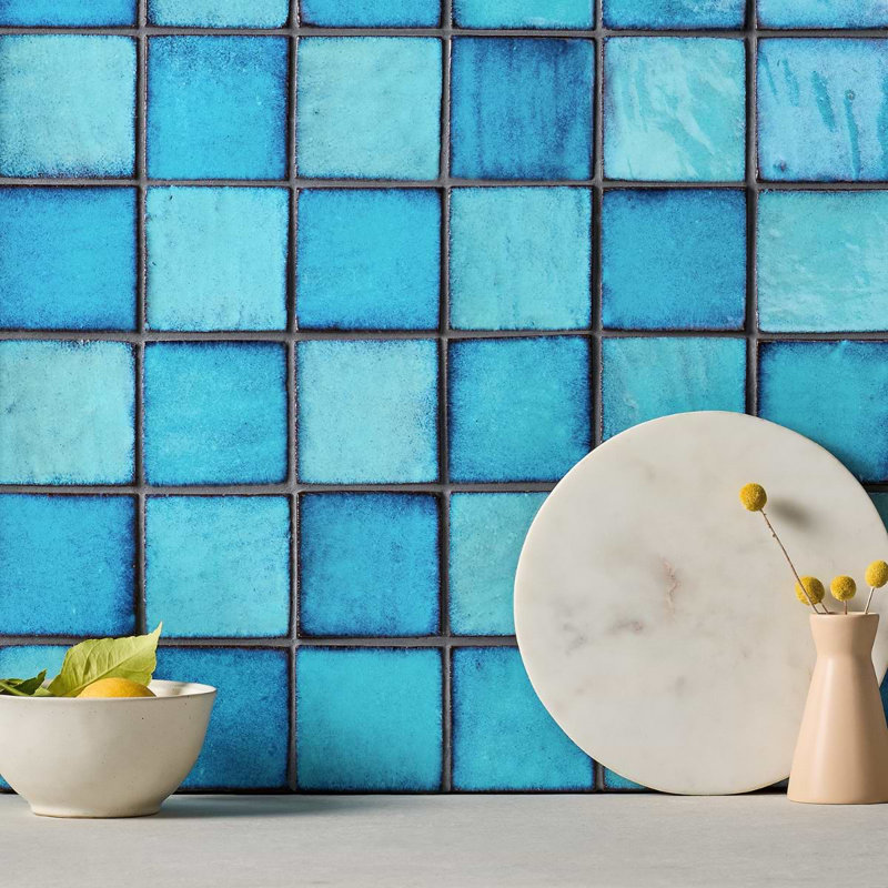 Emery 4x4 Square Handmade Crackled Glossy Terracotta Tile, Blue