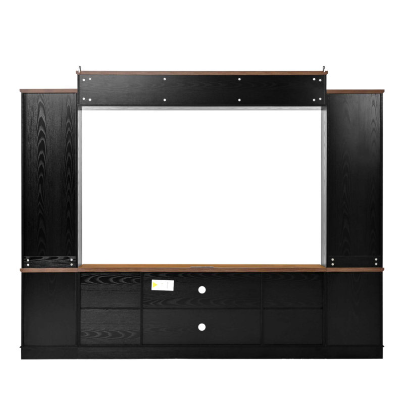 Meuble audio-vidéo de 98,8 pouces de large avec tablettes pour livres jusqu'à 80 pouces, meuble télé moderne avec armoires et tablettes réglables pour le salon