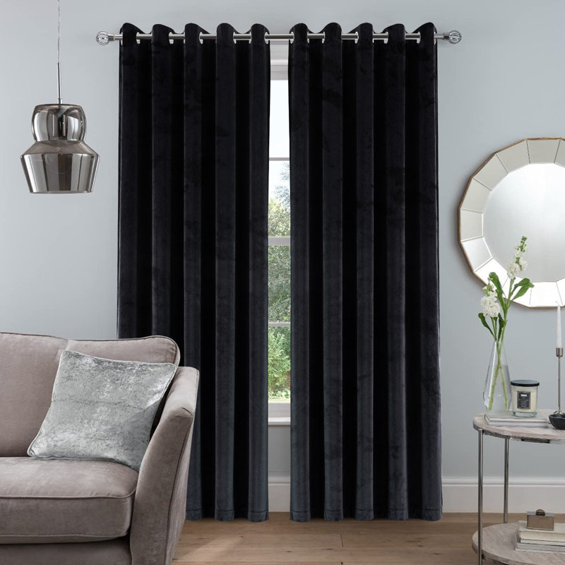 Safia 100% Crushed Velvet Eyelet Sheer Window Curtains, Black, 167 W x 137 D cm