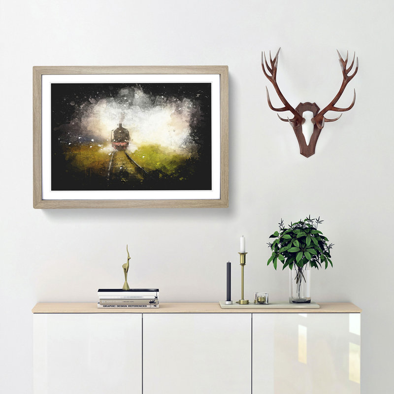 Steam Train Upon The Tracks - Picture Frame Graphic Art, Oak Framed, 33cm H x 45cm W x 2cm D