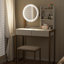 Petit bureau de coiffeuse avec miroir et lumières, coiffeuse de maquillage avec miroir à DEL, 3 modes d'éclairage, prise de courant, tiroir, tablettes ouvertes et tabouret rembourré pour la chambre à coucher