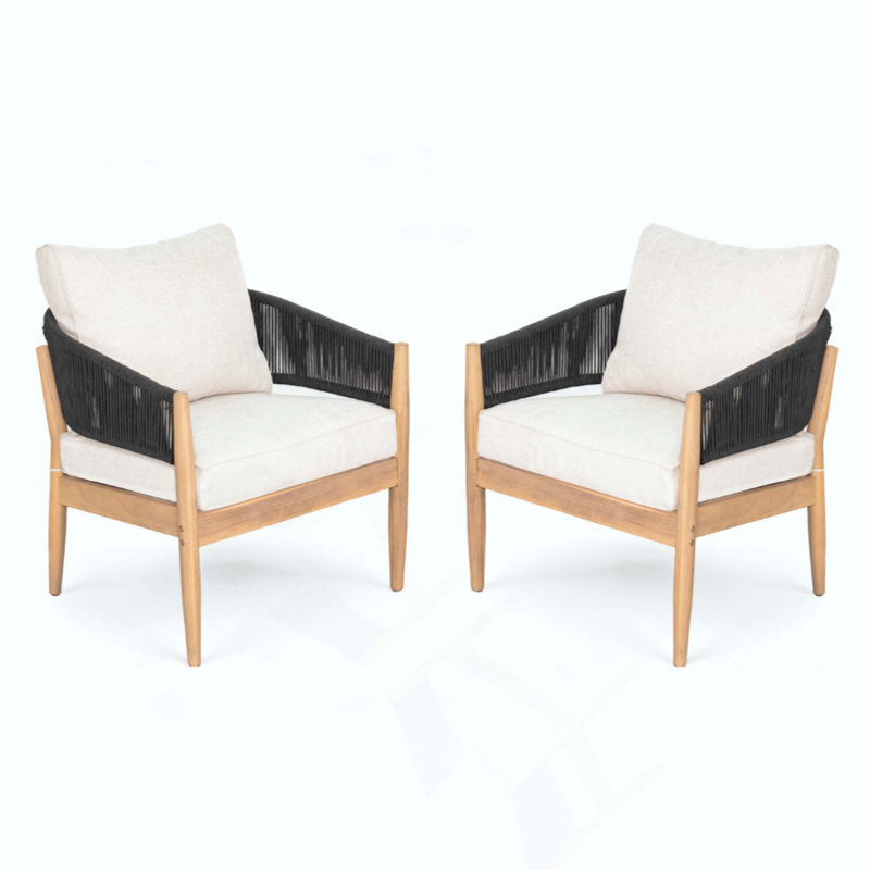Fauteuil club d'extérieur en bois d'acacia, corde de coussin, ensemble de 2, Naturel clair / noir