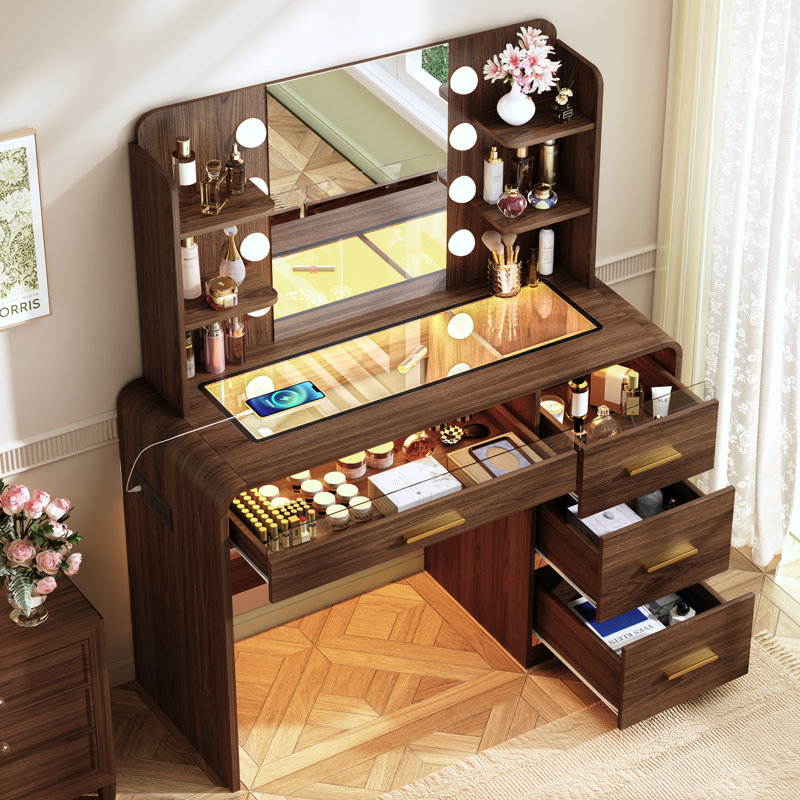 Bureau de coiffeuse avec miroir et lumières, avec 4 tiroirs, plateau en verre transparent avec éclairage à tiroirs RVB