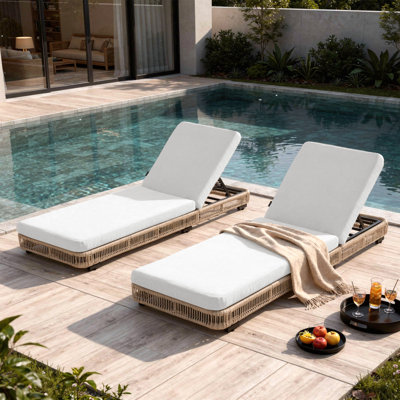 Ensemble de 2 chaises longues réglables près de la piscine avec corde tissée, coussin épais et structure en fer robuste pour la détente à la piscine, à la plage ou sur le patio Presley