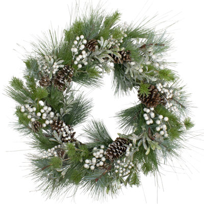 Couronne de Noël artificielle scintillante avec baies blanches et pommes de pin 30 pouces non éclairée