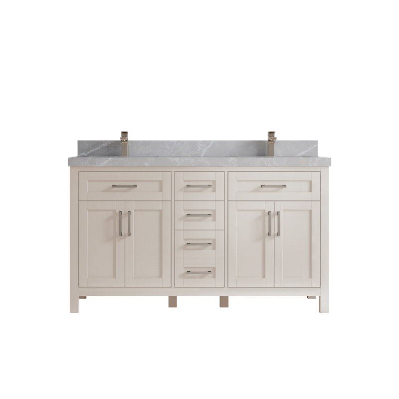 Cambridge 60 In. W X 22 In. D Double Sink Bathroom Vanity In Fine Grain With 2 In. Pearl Grey Quartz