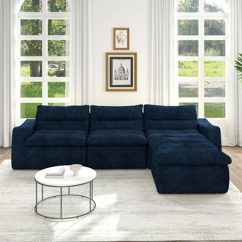 Canapé modulaire en forme de L avec fauteuil à billes Orlin, Mousse bleue