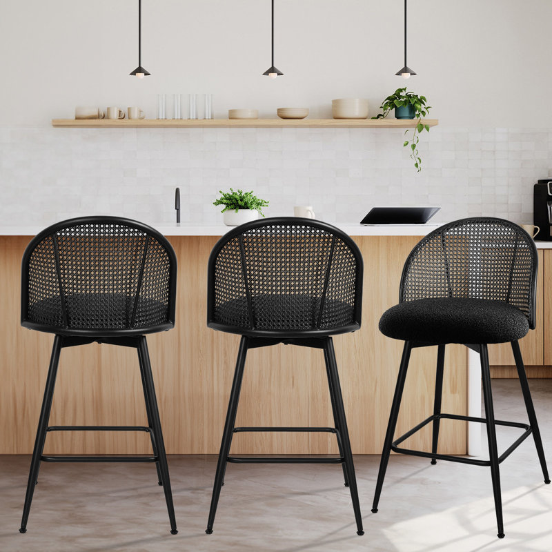 Black Metal Swivel Counter Stools with Rattan Backrest, Set of 3