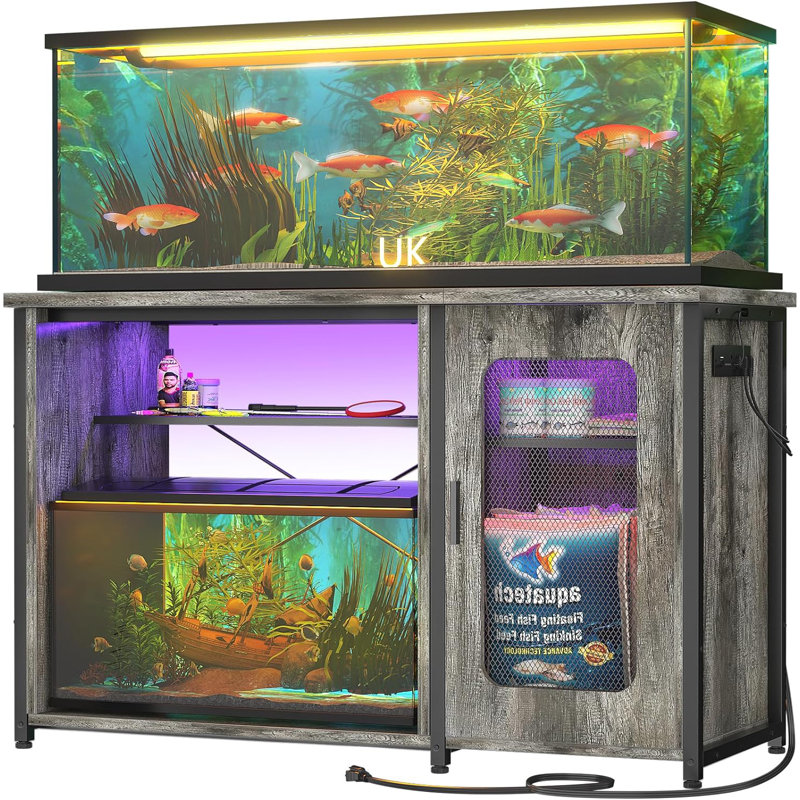 Support d'aquarium rectangulaire Eleodoro 55-75 gallons avec prises de courant et lumière DEL, Gris