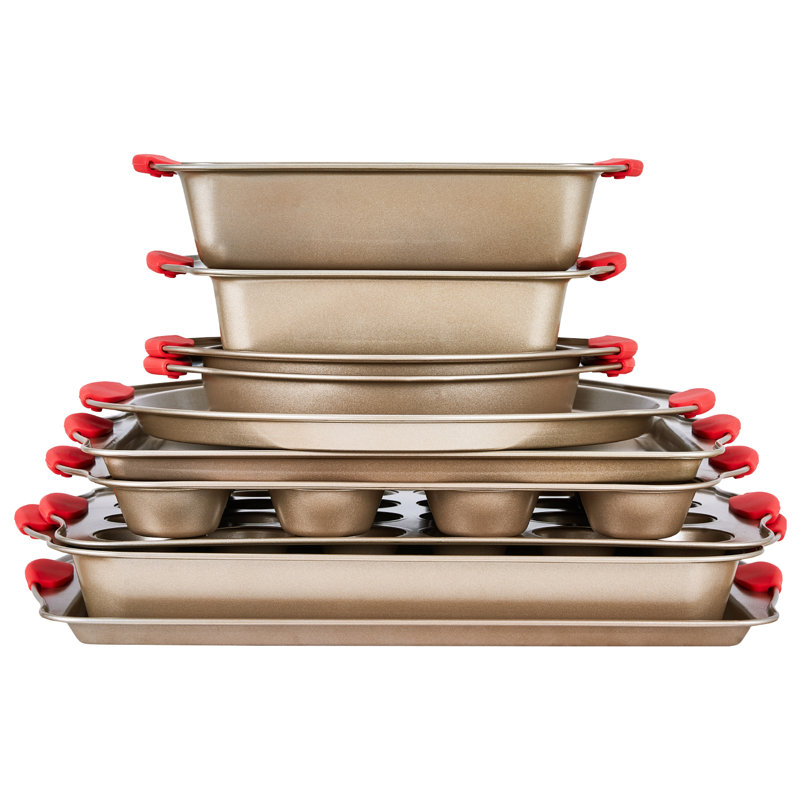Ensemble de plats de cuisson antiadhésifs en acier au carbone 10 pièces avec poignée en silicone, Doré