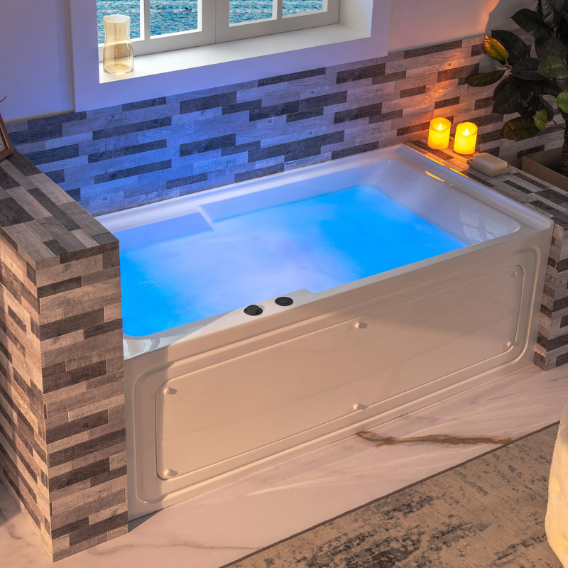 60" x 30" Whirlpool Heated Rectangular Alcove Acrylic Bathtub with Chrome/Matte Black Drain and Overflow, Left, Matte Black