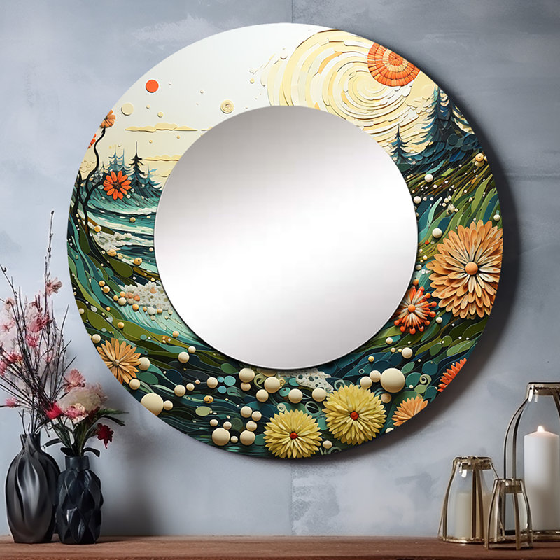 Plage, marée, symphonie, pointillisme I - grand miroir de plage, décor de miroir mural rond unique, impression sur métal