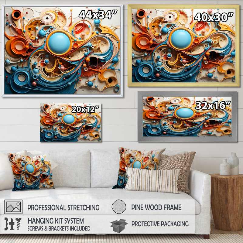 Surréalisme, formes d'imagination sur toile, H 34 po x l 44 po x P 1,5 po, Cadre flottant doré
