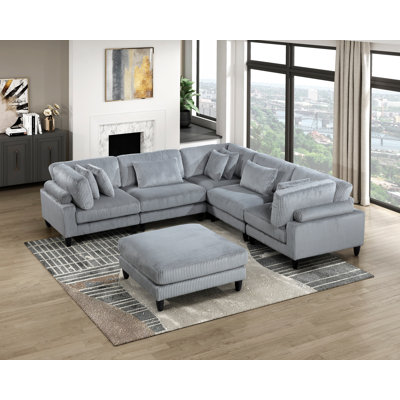 Modern Sofa 6pc Modular Sectional Set Gray Corduroy Upholstery 2x Armless Chairs 3x Corner Seats 1x Ottoman Pillows Living Room Furniture