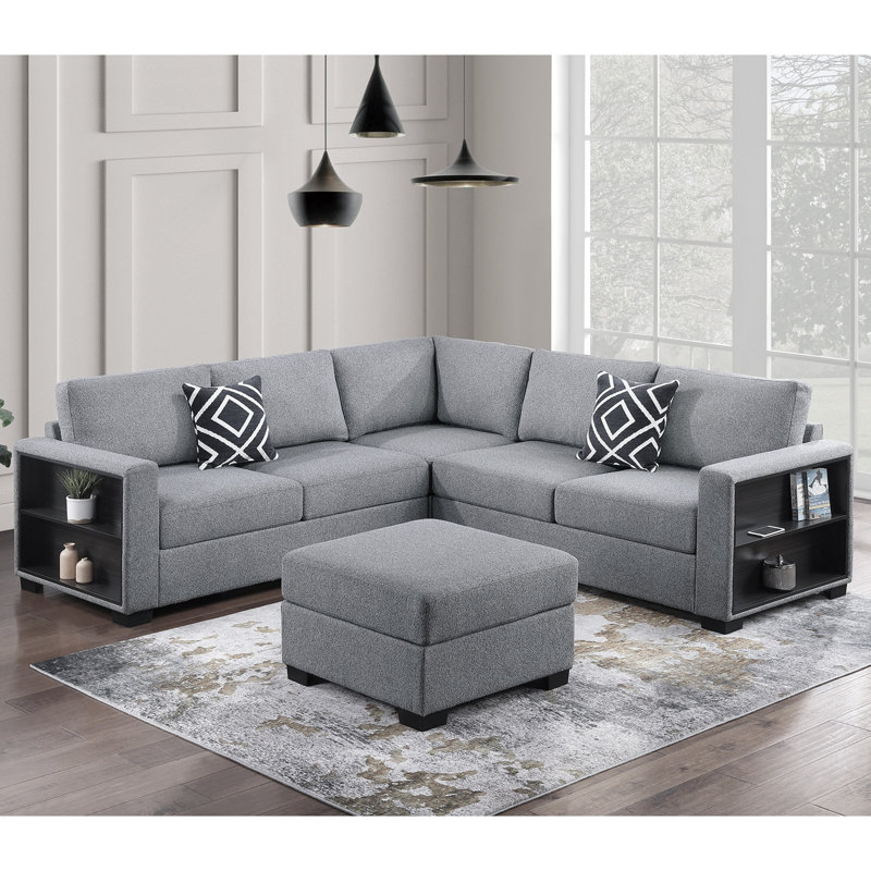 4-Piece Boucle Upholstered L-Shaped Sectional With Cocktail Ottoman In Grey