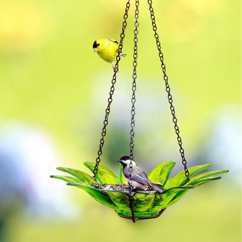 Lime Green Recycled Glass Hanging Bird Bath with Metal Stand