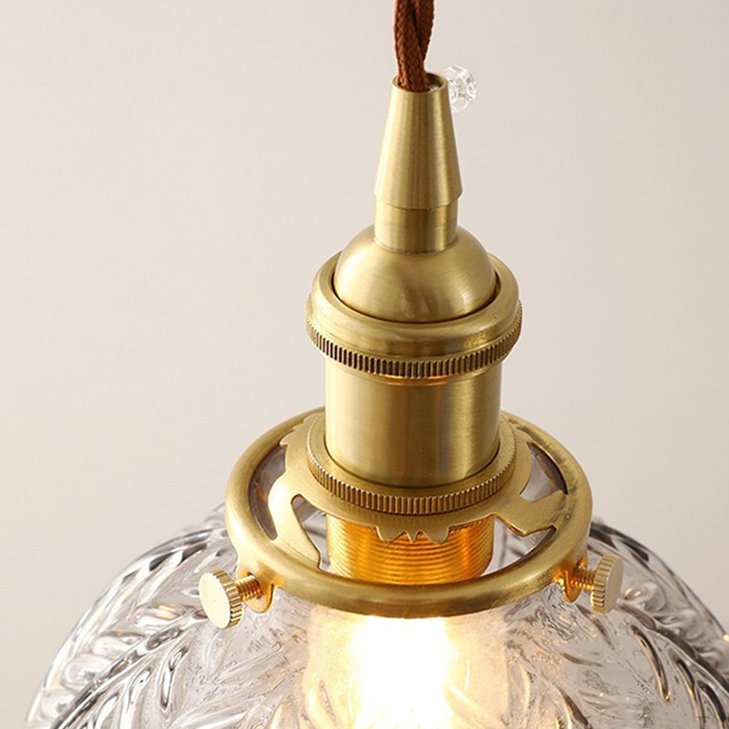 Modern Globe Ribber Glass Brass Pendant Light In Leaf Pattern, Gray