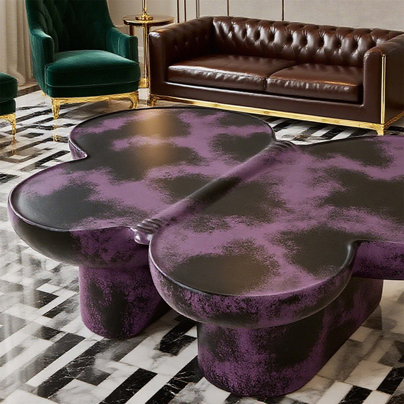 Table basse moderne en faux travertin texturé en forme de papillon pour le salon et le bureau, mauve et noir, Mauve