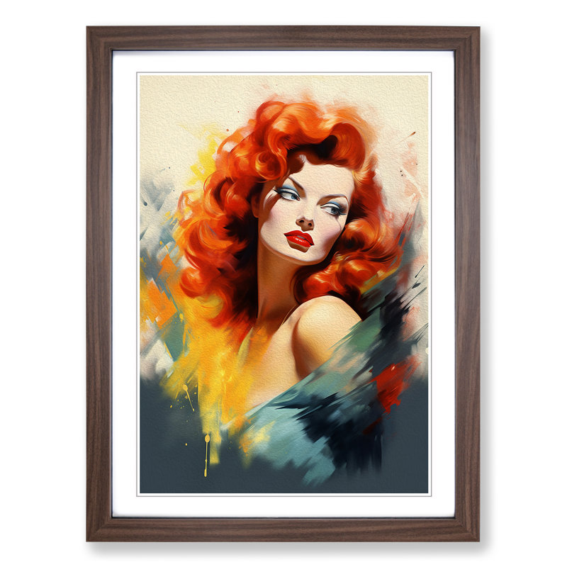 Red Headed Woman Modern - Single Picture Frame Print on Wood, Walnut, 34cm H x 25cm W x 2cm D