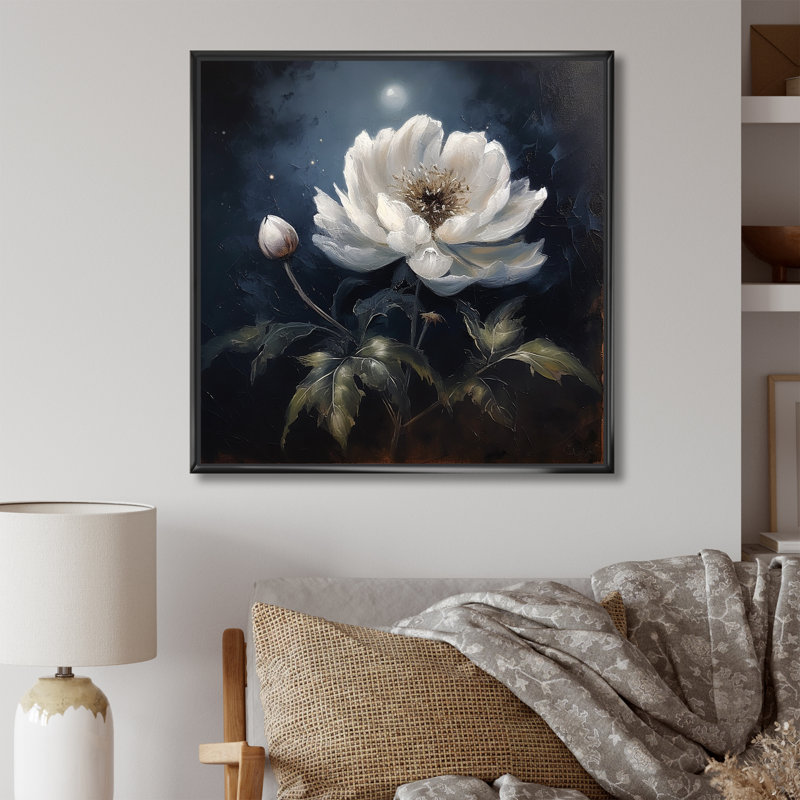 Lune argent foncé foncé fleur blanche, Cadre flottant noir, 16" H x 16" W