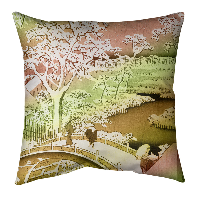 Housse de coussin Utagawa Hiroshige Meguro Drum Bridge et Sunset Hill Square, 26 po x 26 po, Rouge/vert, Bourre en polyester