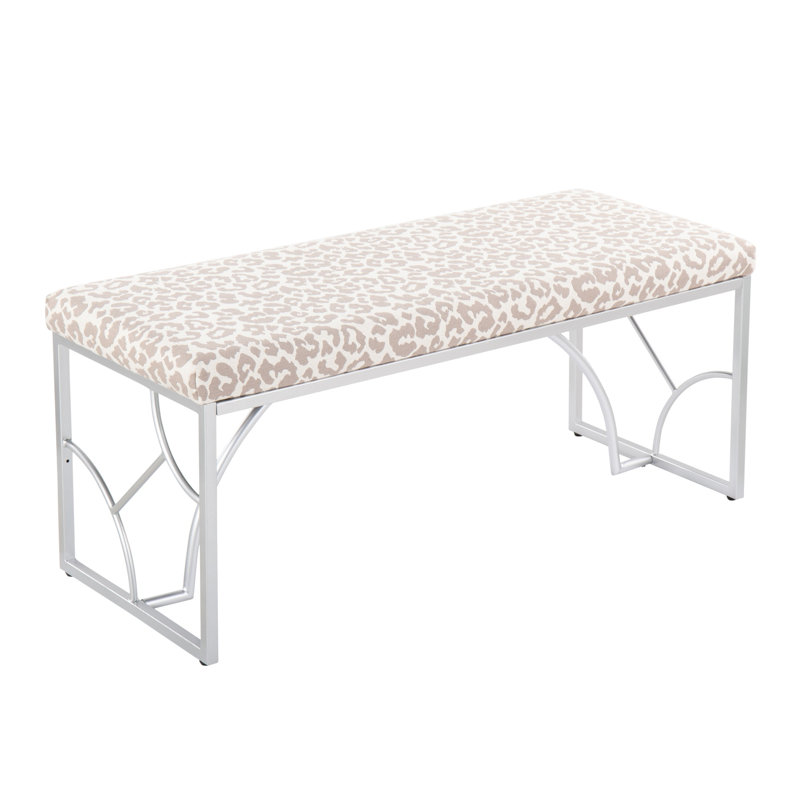 Banc contemporain rembourré, banc en tissu léopard gris avec structure en métal argenté, banc d'intérieur polyvalent pour le salon de la chambre à coucher