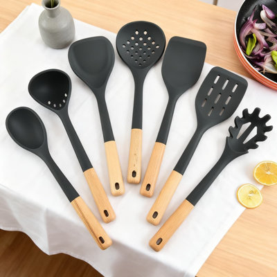 Ensemble de spatules en silicone avec poignées en bois, collection d'ustensiles de cuisine antiadhésifs 7 pièces comprenant des cuillères, un Turner et une louche pour la cuisson et la cuisson