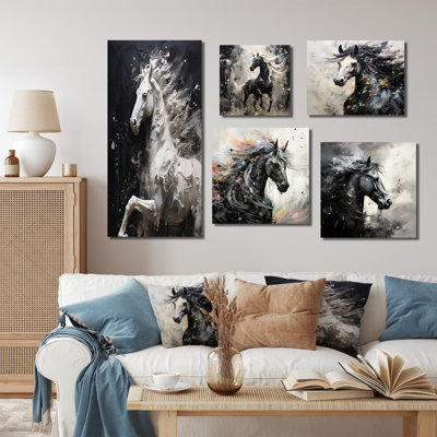 Minimalism Black And White Galloping Horse - Horse Canvas Art Print Set Of 5