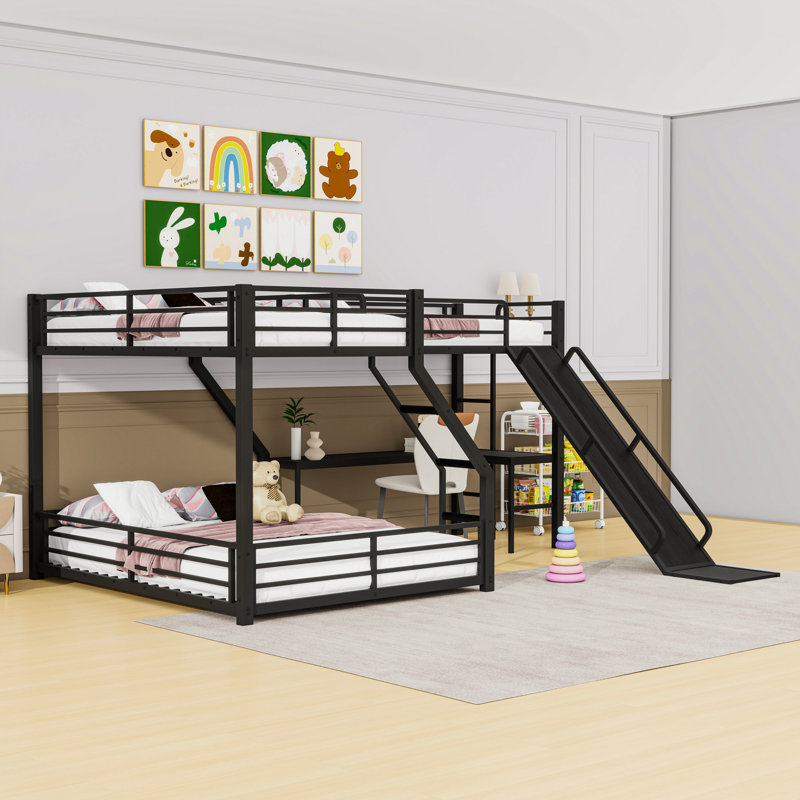 Bunk Bed With Slide, USB Ports And Guardrails, Extra Long Twin Over Queen