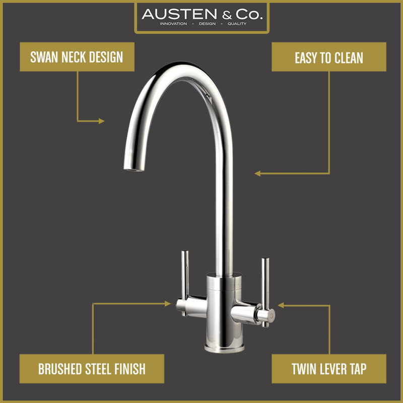 Austen & Co. Ronda Brushed Chrome Kitchen Mixer Tap. Twin Lever Handle, Water Saving Aerator, 360 Degree Spout, Chrome