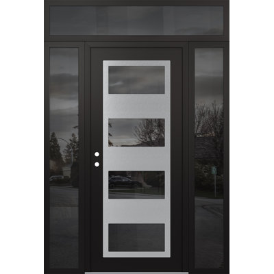 C2 Panel Silver Steel Black/Black With 2 Sidelites And Transom Prehung Front Entry Door