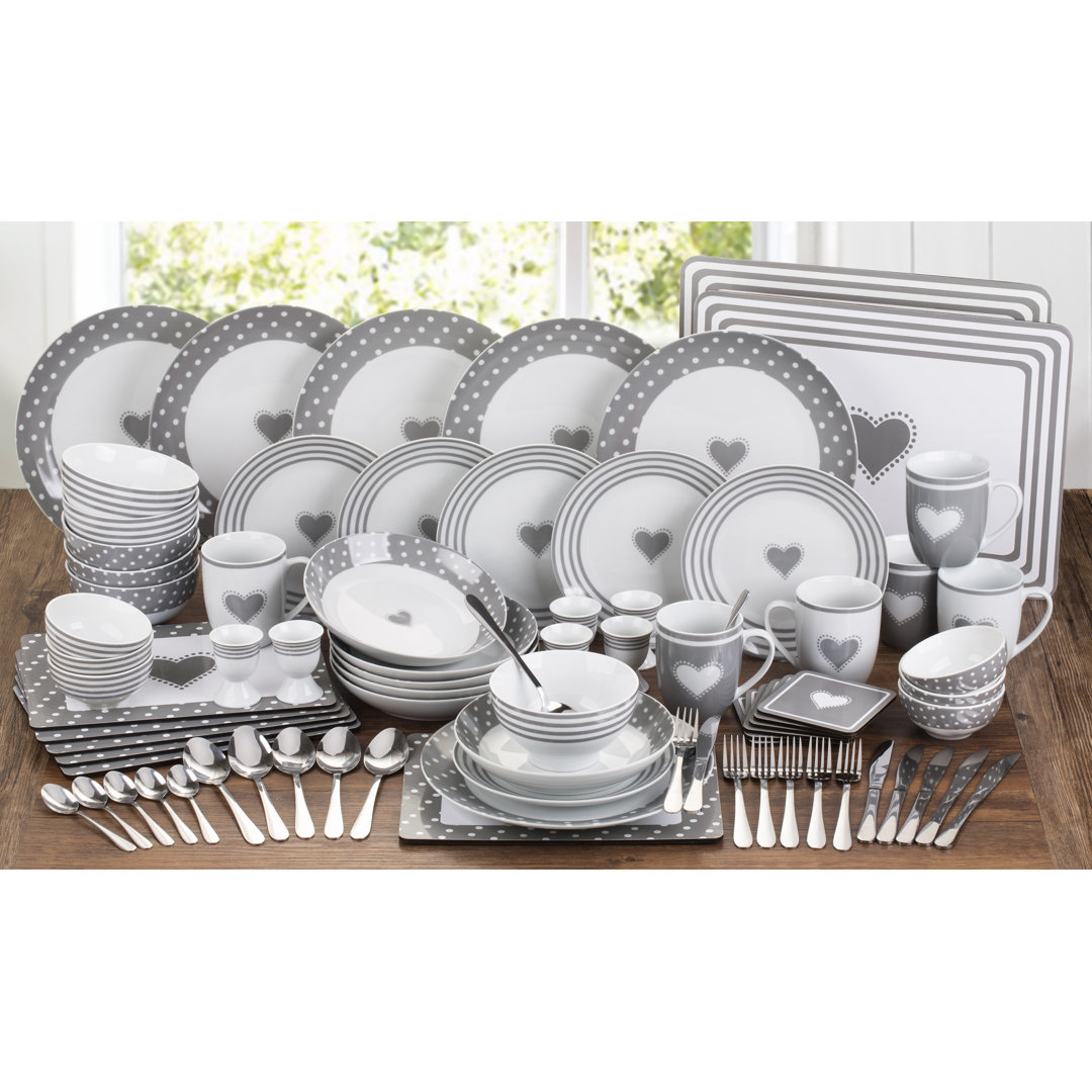 Waterside 80pc Grey Heart Porcelain & Cutlery Combo Dinner Set