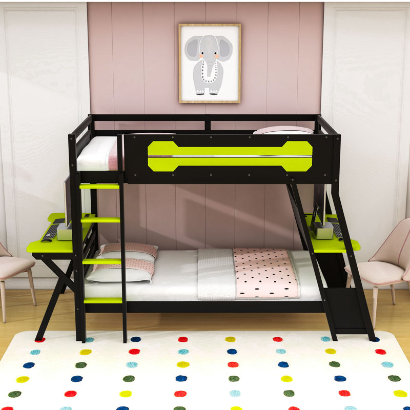 Lit superposé avec ports USB intégrés et panneau perforé, double bureau, Lit superposé simple sur simple, Vert