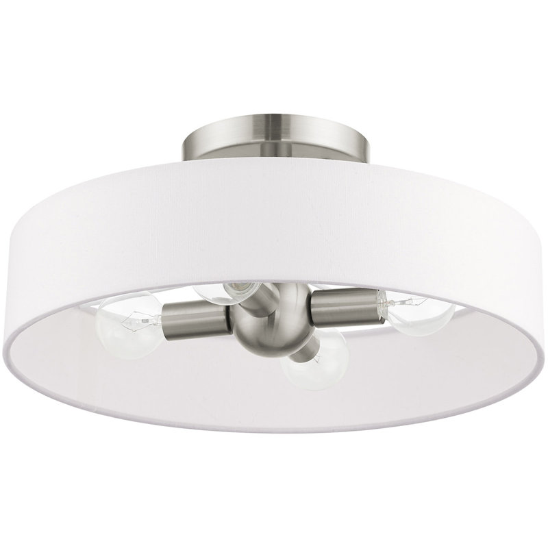 4 Light Semi Flush mount ceiling light fixture & Hand Crafted Off White Fabric, Brushed Nickel