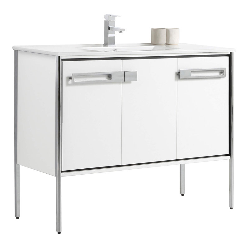 42" Single Bathroom Vanity, Polished Chrome, White Matte