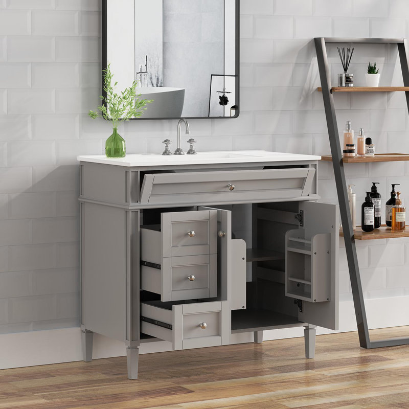 36'' Single Solid Wood Construction Bathroom Vanity With Ceramics Top, 2 Power Outlets, 1 Usb Port, And 1 Tybe C Port, Gray