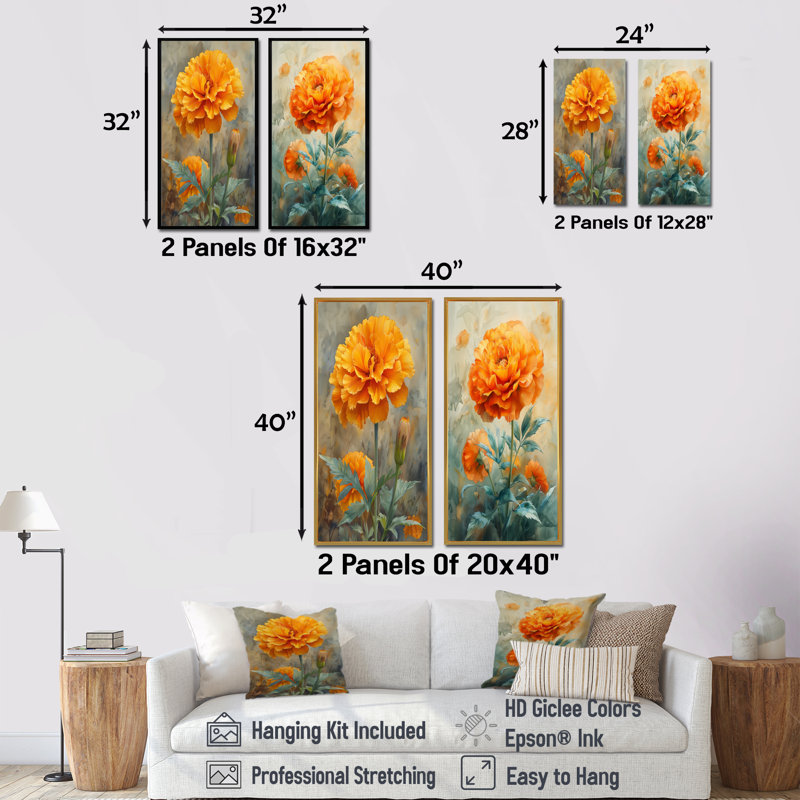 Yellow Green Morning Sun Marigold I - Marigold Wall Art 2 Pieces Set, Wrapped Canvas, 28" H x 24" W