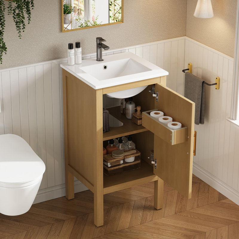 Armoire de salle de bain 18 po avec rangement, solution pour petit espace avec lavabo en céramique, tablette réglable, charnières à fermeture en douceur