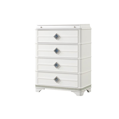 Modern Style 4-Drawer Chest Made With Wood, Hidden Jewelry Drawer And Crystal Accents In White
